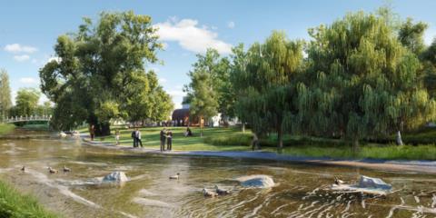 Aire Gygax et image de synthèse sur le futur parc de l'Ile-de-la-Suze