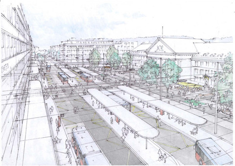 Une esquisse de la place de la Gare réaménagée.