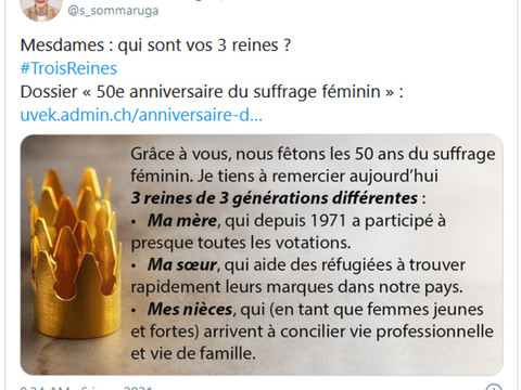 Droit de vote des femmes : Mme Sommaruga remercie ses #TroisReines