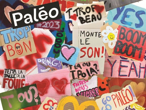 Patchwork de pancartes pour l'affiche 2023 du Paléo Festival