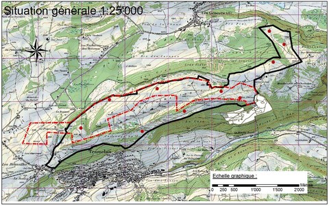 Les points rouges indiquent où se situeront les éoliennes