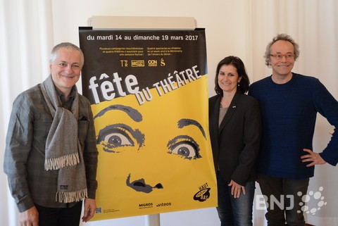 Roberto Betti (Théâtre du Pommier), Anne Bisang (TPR) et Yvan Cuche (ABC) sont fiers de présenter l'affiche de cette première Fête du théâtre (manque Robert Bouvier, Théâtre du Passage).