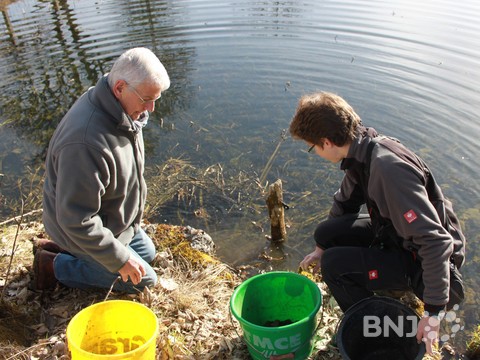Maurice Wisard et Gauvin Saucy lors de la remise à l'eau des batraciens