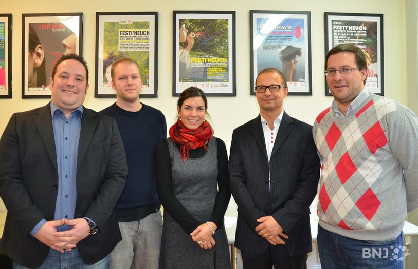 Cyrill Villemin, directeur administratif de Festi'Neuch, et les quatre membres de la nouvelle Fondation : Antonin Rousseau, Aurélie Planas, Pascal Bregnard et Christophe Valley.
