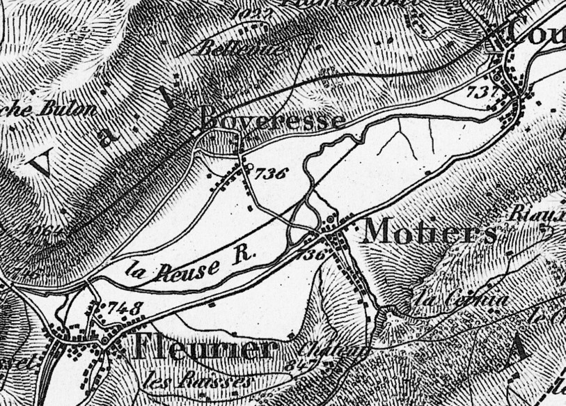 L'Areuse (appelée la Reuse sur la carte) fait son apparition sur les cartes historiques vers 1875. Les méandres du lit de la Vielle Areuse sont toujours bien visibles entre Fleurier et Môtiers. (Image: Swisstopo)