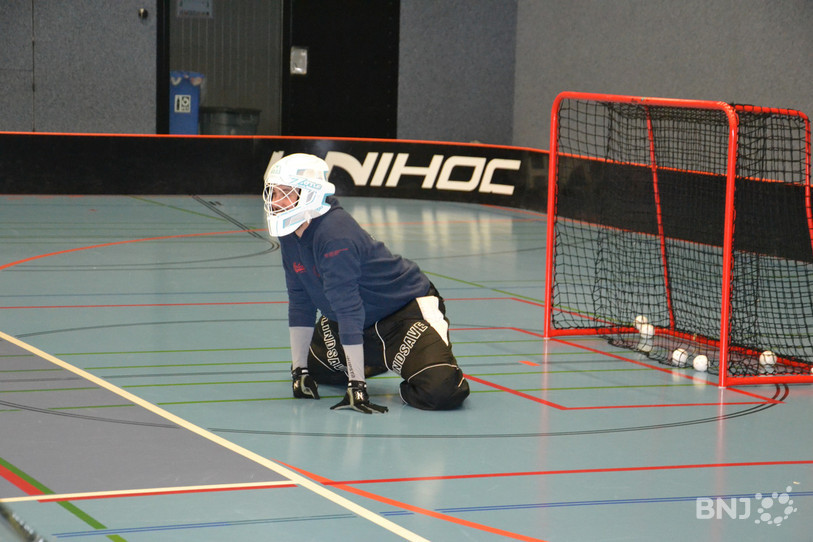Le gardien : un homme seul, et sans canne, en unihockey. 