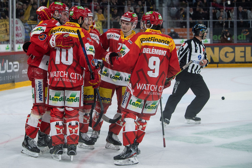 La joie du HC Bienne (photo archive : KEYSTONE/Peter Schneider).