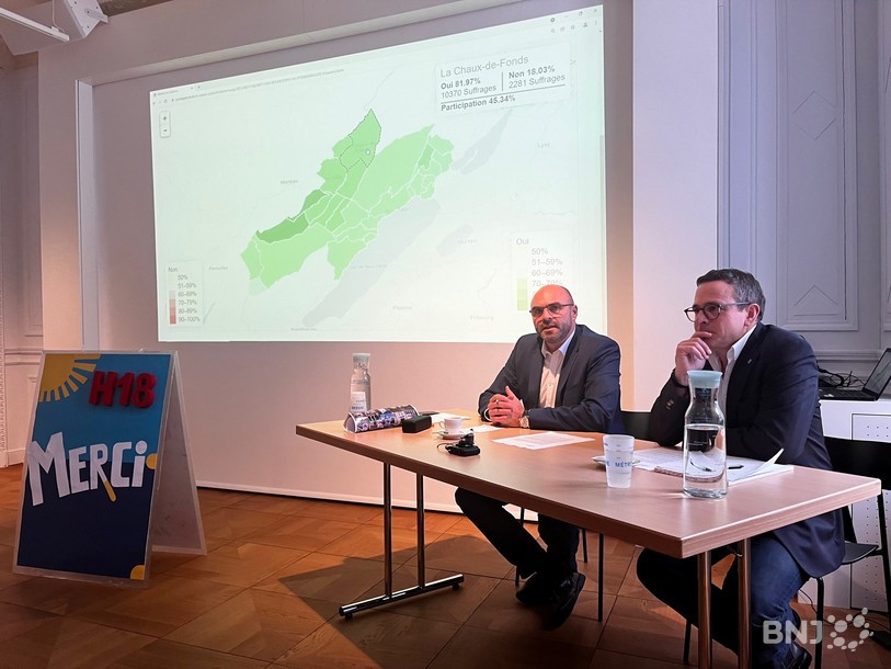 De gauche à droite : le Conseiller d'Etat Laurent Favre et le Conseiller communal Théo Huguenin-Elie après le vote des Neuchâtelois en faveur du contournement de La Chaux-de-Fonds.