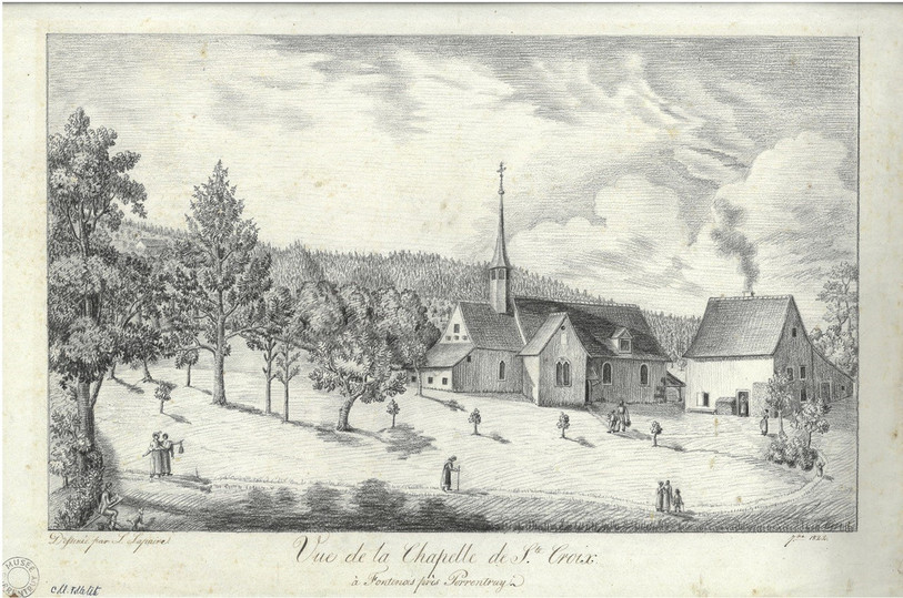 Vue sur la chapelle Sainte-Croix. Dessin de Louis Lapaire, 1822. Musée de l'Hôtel-Dieu, Porrentruy. Image tiré du livre « Fontenais, Chapelle Sainte-Croix, témoin d’art et d’histoire ».