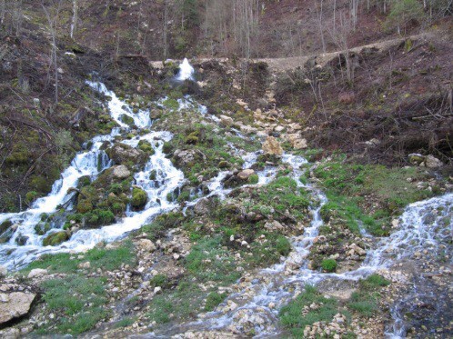 Source karstique de l’envers supérieur à Court, en période de crue, le 25 avril 2012. 