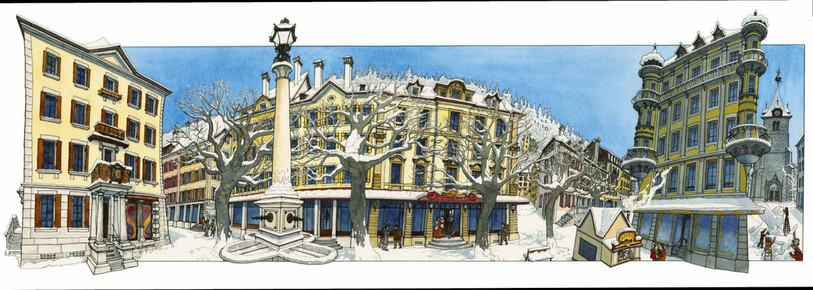 L'une des peintures du livre représente la place du Marché. (photo: Ville du Locle)