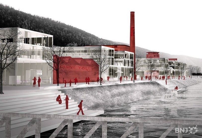 Le projet lauréat du concours Europan 12 pour le site de Couvet valorise l'Areuse et prévoit de nouveaux bâtiments sur le site Dubied de Couvet.