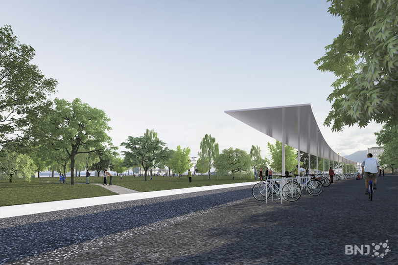 Image de synthèse du projet Ring aux Jeunes-Rives de Neuchâtel.