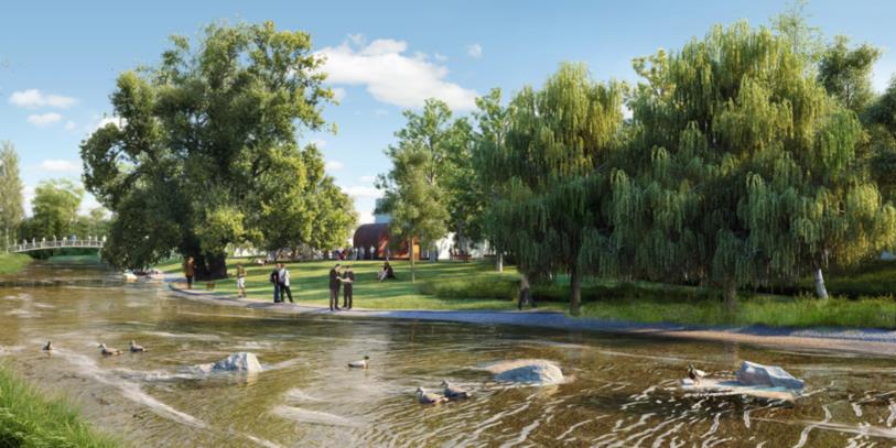 Aire Gygax et image de synthèse sur le futur parc de l'Ile-de-la-Suze