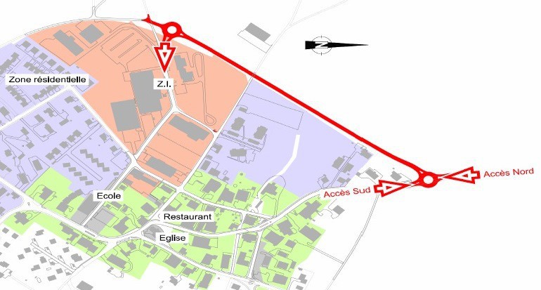 En rouge, le futur tronçon qui doit permettre de relier la zone industrielle sans traverser le centre du village.