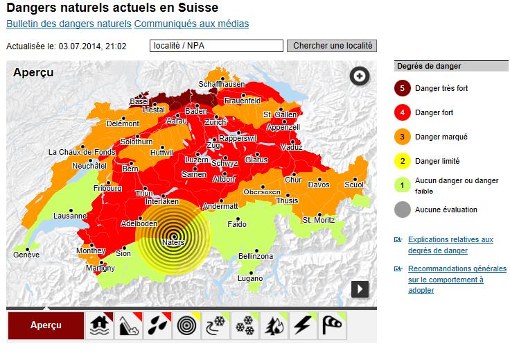 La carte fournit des alertes de dangers naturels (photo: www.dangers-naturels.ch)