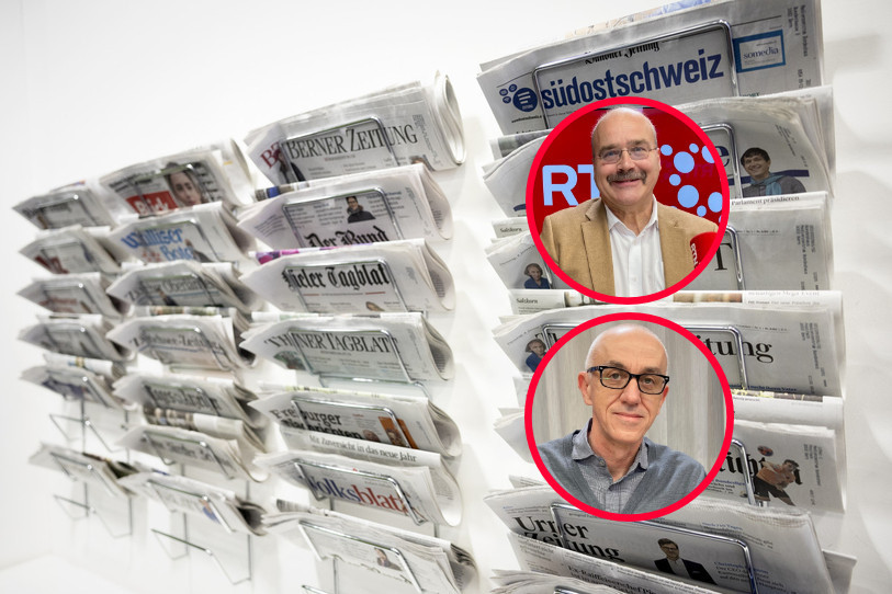 De haut en bas : le conseiller aux Etats Philippe Bauer et le directeur des rédactions du groupe ESH Médias et directeur général d'Arcinfo Jacques Matthey ont débattu sur l'aide aux médias ce mercredi dans La Matinale.