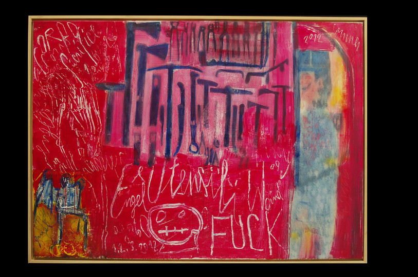 Visions nomades, Renzo Ferrari, Musée d'art et d'histoire, Neuchâtel, Utensili e gendarme, 2012, huile sur toile, 137 x 186 cm, coll. (© A. Giovetto)