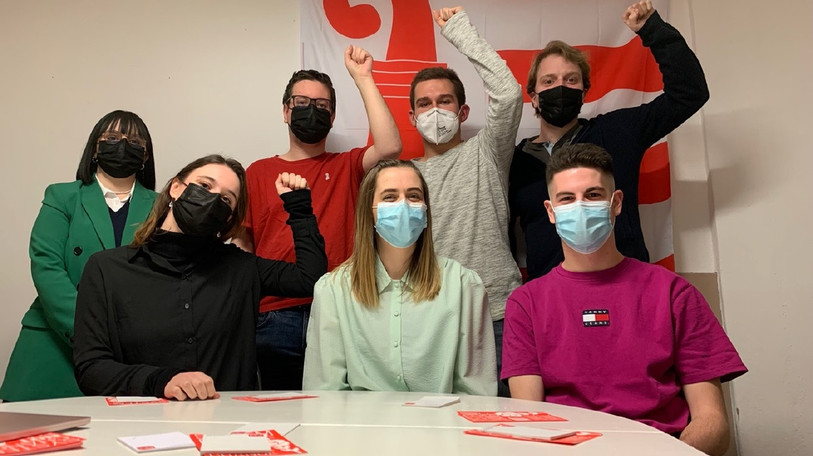 Les membres du comité de la Jeunesse socialiste jurassienne. De gauche à droite et de haut en bas : Axalia Vollmer, Romuald Siess, Aitor Meyer, Valère Lovis, Zoé Seuret, Juliette Gygax et Léo Beuret)
