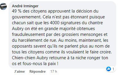 Le commentaire d'André Irminger, tel qu'on pouvait le voir ce mardi matin sur Facebook.