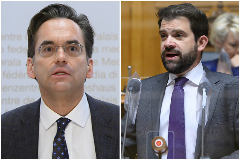 De gauche à droite : le Vaudois Olivier Feller et le Neuchâtelois Damien Cottier sont candidats à la présidence du groupe parlement libéral-radical aux chambres fédérales. (Photos : KEYSTONE / Anthony Anex).