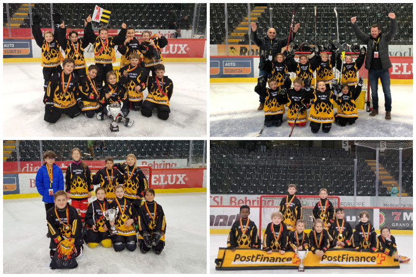 De gauche à droite et de haut en bas : les Brûleurs de glace, les Ducks, les Ouragans de Courroux et les Remparts du château ont participé au PostFinance Trophy.