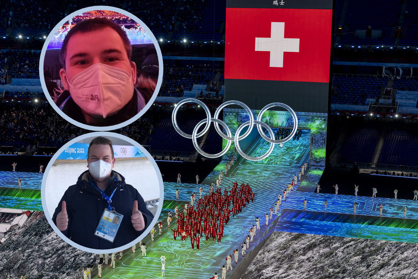 Christophe Moreillon et Julien Trachsel ont suivi les Jeux olympiques de Pékin pour le compte des Radios régionales romandes, dont fait partie RTN. (Photomontage : BNJ / Photo : KEYSTONE / Salvatore Di Nolfi).