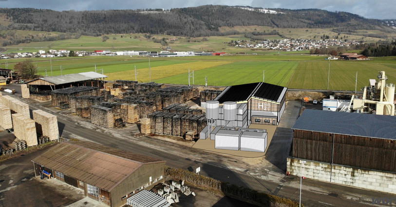 Une vue du lieu où le site de production d'hydrogène vert doit voir le jour à Glovelier (illustration Groupe Corbat).