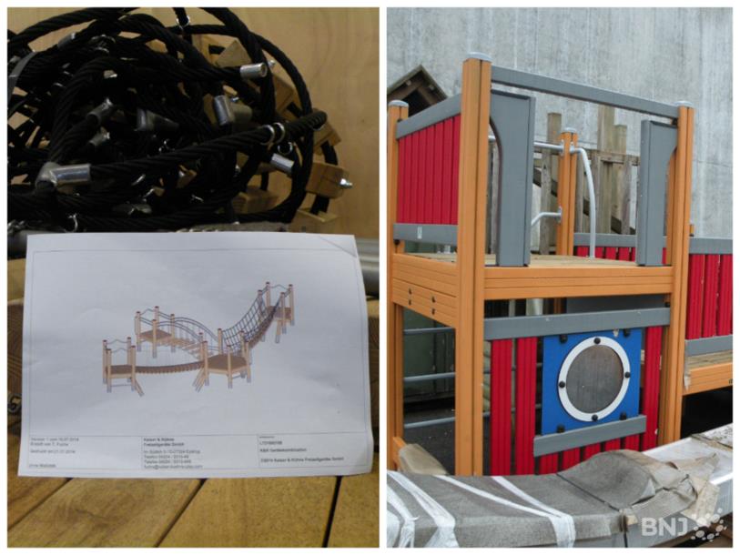 Deux places de jeux, deux conceptions : les installations prévues pour le Parc municipal (à gauche) et pour le préau des Champs-du-Moulin