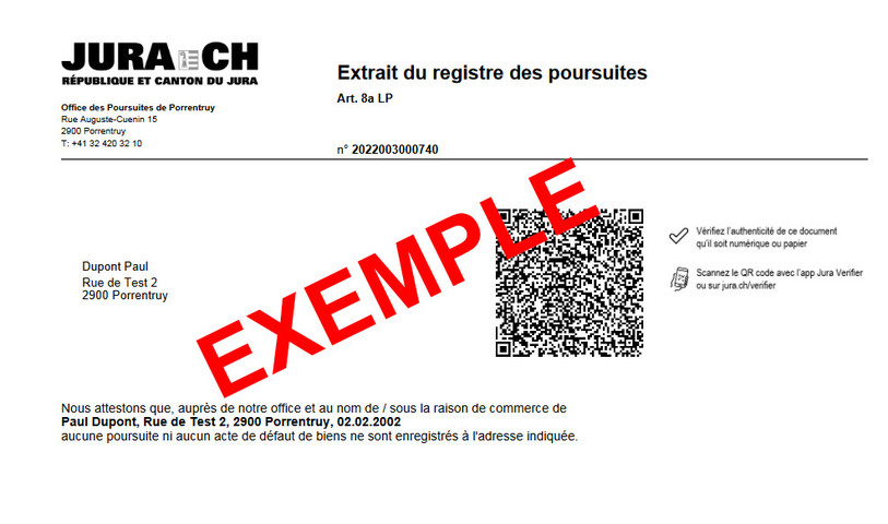 Exemple d'un nouvel extrait de poursuites fourni par le canton du Jura.