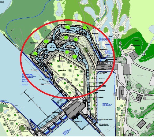 En rouge, le canal de dérivation aménagé près de la centrale de Hagneck.
