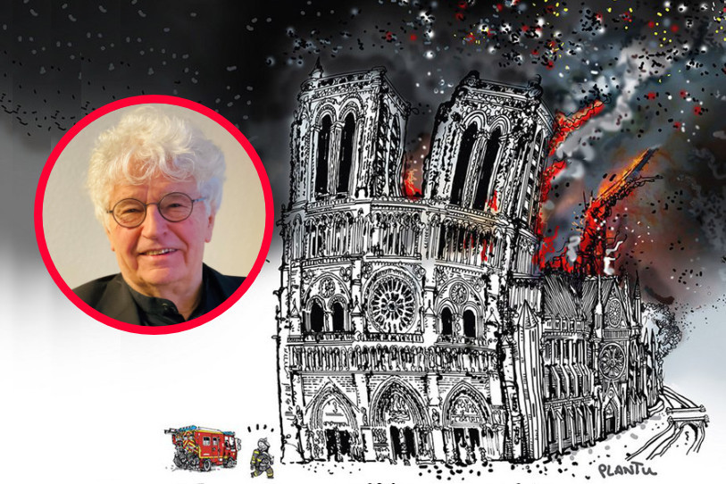 Dans son dernier film, Jean-Jacques Annaud revient sur l'incendie de la cathédrale Notre-Dame de Paris (image : Plantu / Pathé. Photomontage BNJ).