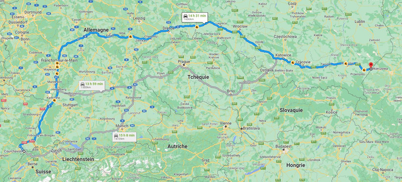 La route que Julien Lallau et ses compagnons de route prévoient d'emprunter jusqu'à la Pologne (image : Google Maps)
