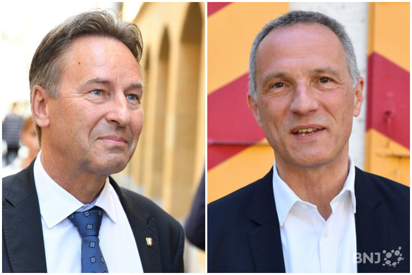 De gauche à droite : les conseillers d'Etat neuchâtelois Alain Ribaux et Laurent Kurth ont été testés positifs au Covid-19. (Photos : Georges Henz).
