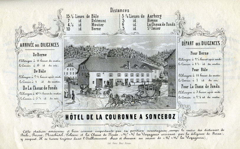Une publicité de l'époque qui montre l'importance de l'Hôtel de la Couronne. 
(Illustration: Collection Mémoires d’Ici/ SCHÜLER, Ernest (1848). La plus belle entrée de la Suisse ou Course de Bâle à Bienne à travers le Jura bernois. Bienne : Impr. et lithogr. des Frères Benz )
