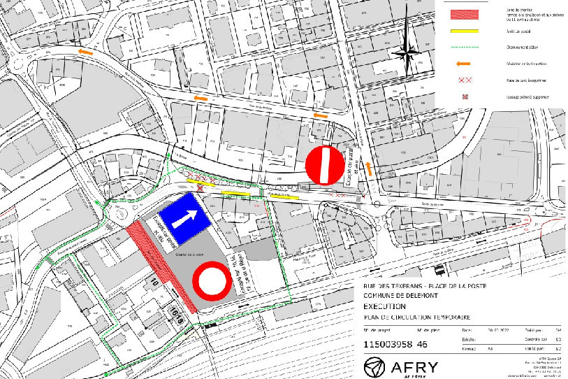 Des changements de la circulation sont prévus dans le secteur de la rue des Texerans à Delémont, selon le schéma ci-dessus. (Photo : Ville de Delémont) 