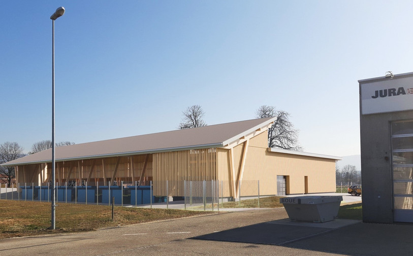 Image d'illustration du futur Centre de collecte et de valorisation des déchets qui prendra place à côté du centre d'entretien de l'A16, à Delémont. (Image : Bureau CSD Ingénieurs)