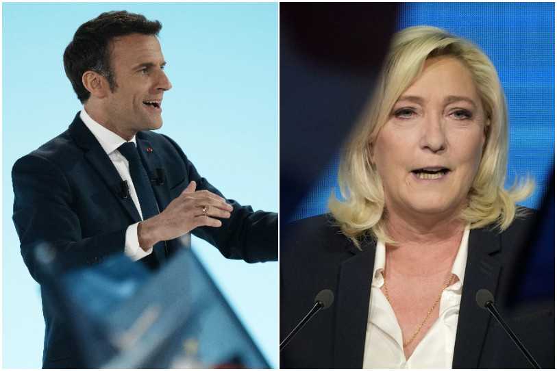 Comme en 2017, Emmanuel Macron et Marine Le Pen sont qualifiés pour le second tour de l'élection présidentielle française. (Photos : KEYSTONE / Thibault Camus / François Mori). 