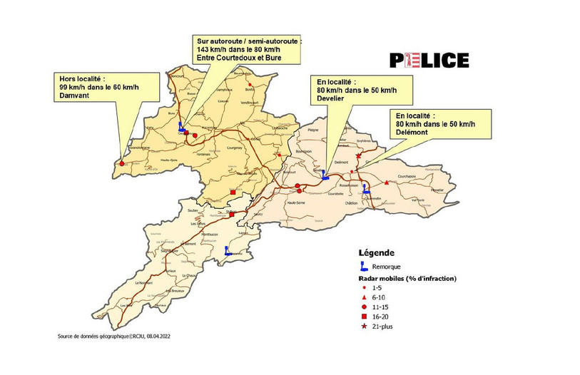 La police jurassienne a publié ses statistiques routières pour le mois de mars. (Image : Police cantonale).