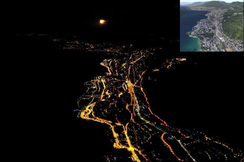 Neuchâtel, ici vu depuis le ciel de Monruz, veut réduire sa pollution lumineuse. (photo : Ville de Neuchâtel et Google Earth)