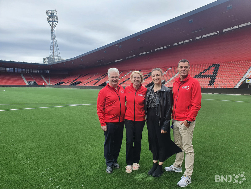 De gauche à droite: Christian Blandenier, président du comité d'organisation, Martine Jacot, responsable technique, Ilaria Kaeslin, ambassadrice, et Jérôme Huebscher, chef de la division du sport de masse à la Fédération suisse de gym.