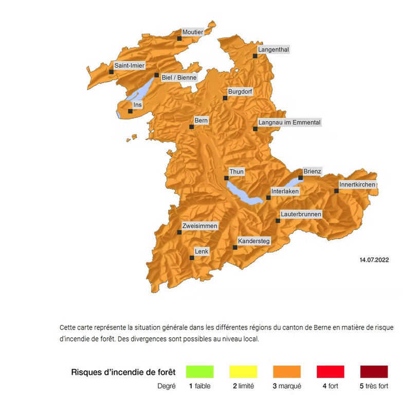 Le niveau 3 est de rigueur dans tout le canton. (Infographie : Canton de Berne).