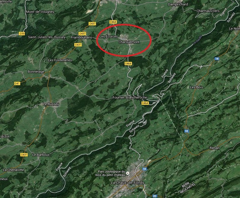 C'est à proximité de Charquemont que le corps a été retrouvé. (Photo : Google Maps).