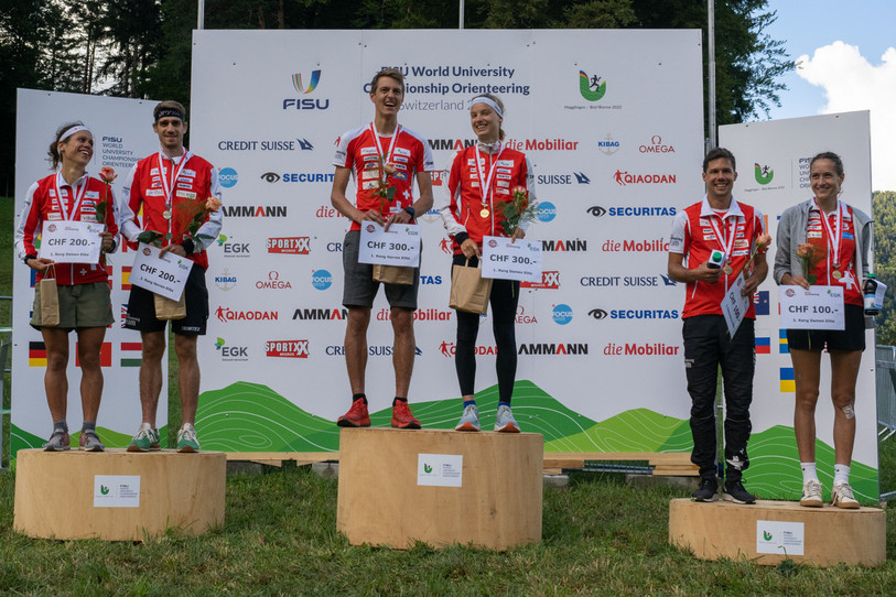 Grands sourires pour Matthias Kyburz et Simona Aebersold samedi à Crémines (photo : swiss-orienteering).