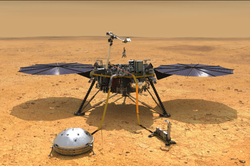 La sonde spatiale InSight, qui s’est posée sur la planète Mars en 2018, était équipée d’un sismomètre dont le boîtier électronique avait été conçu par l’entreprise Syderal (Crédit : NASA/JPL-Caltech).