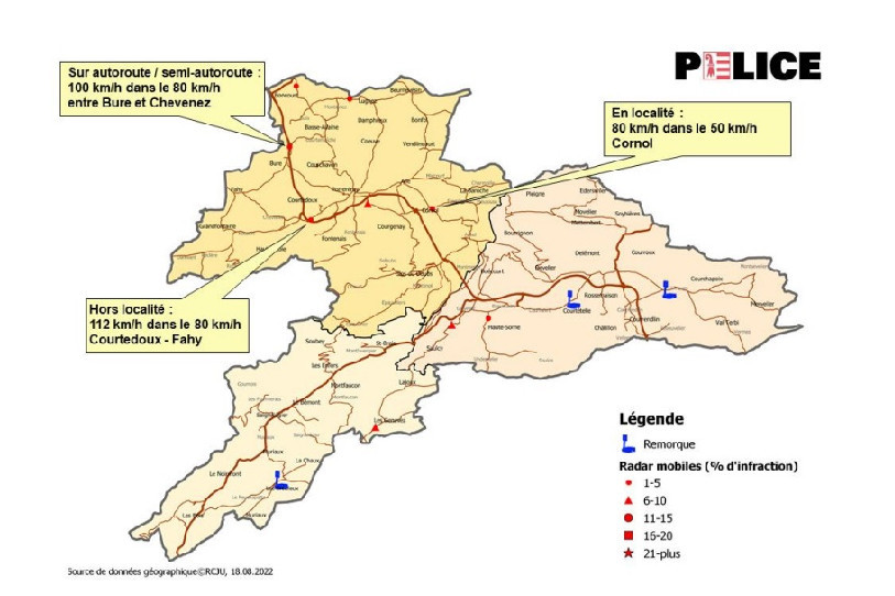Selon la police cantonale jurassienne, un conducteur a été flashé à 80km/h dans le village de Cornol, à un endroit limité à 50km/h. (Illustration : police cantonale jurassienne)