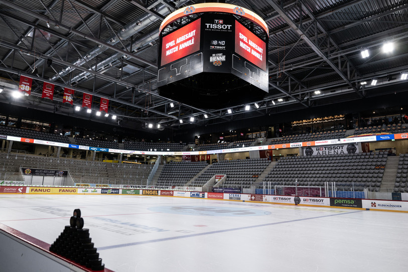 La Tissot Arena n'a pas pu accueillir le match HC Bienne - Fribourg ce samedi en raison d'un problème technique. (Photo : KEYSTONE/Peter Schneider)