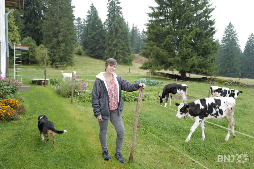 Sophie Guenot a souhaité poser au milieu de ses animaux, avec, en arrière-plan, les fameux pâturages franc-montagnard.