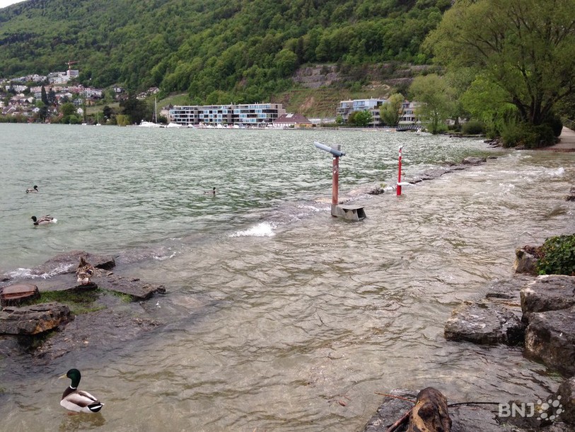 Le lac de Bienne déborde à certains endroits depuis dimanche, comme ici aux Prés-de-la-Rive. 