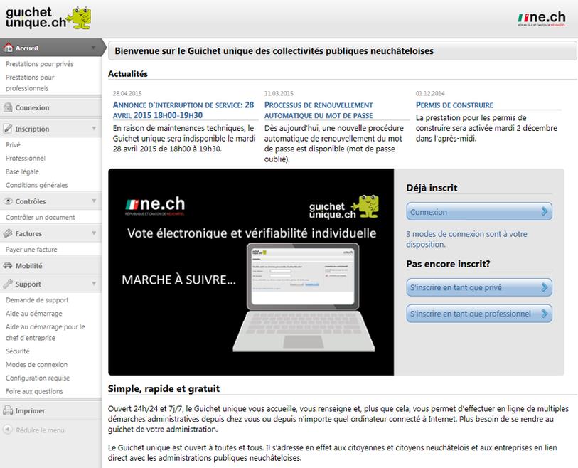 La page d'accueil du Guichet unique.